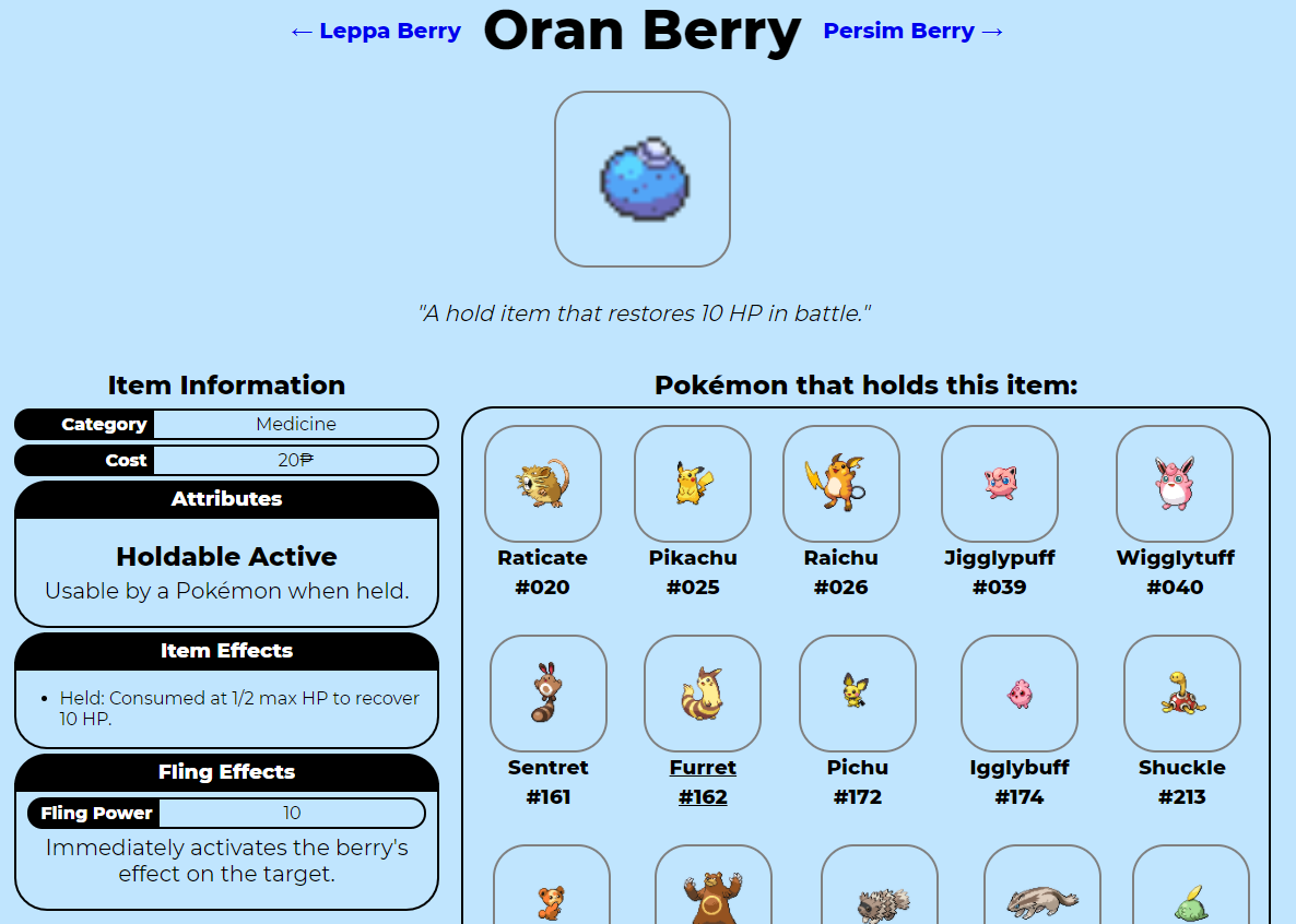 Item Information Page for Oran Berry