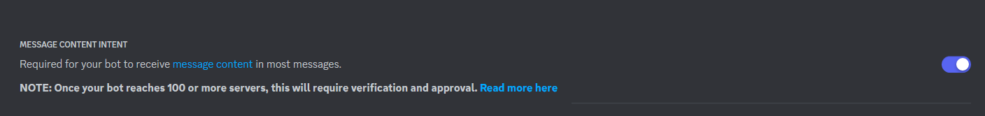 Message Content switch in the Discord Developers dashboard