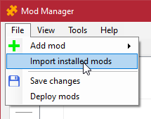 Screenshot "File -> Import installed mods"