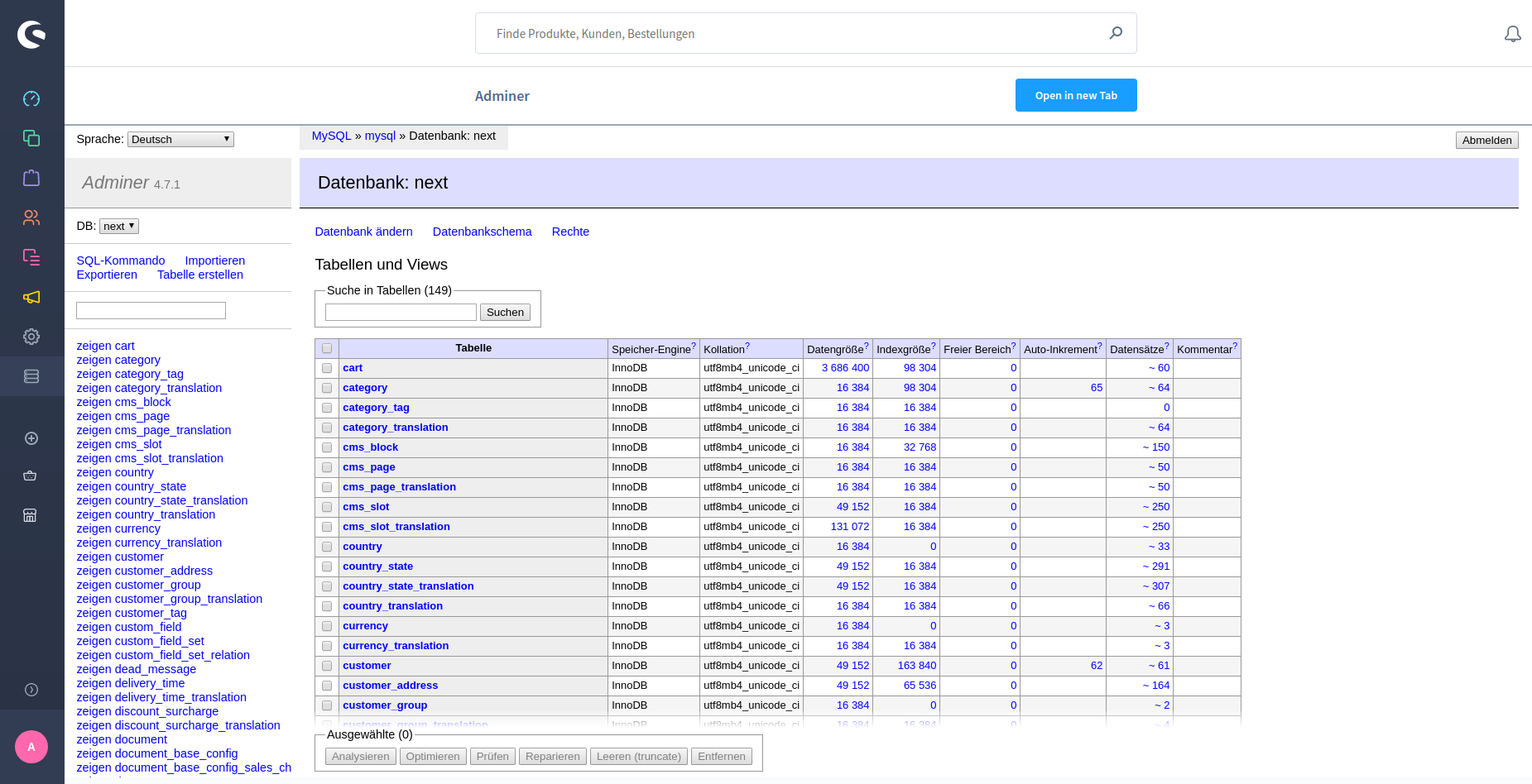 Adminer in Shopware