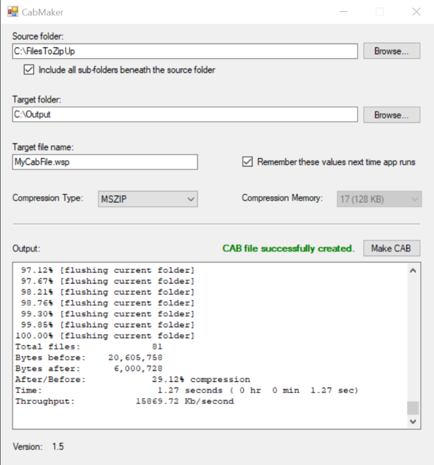 Screenshot of CabMaker GUI for makecab.exe