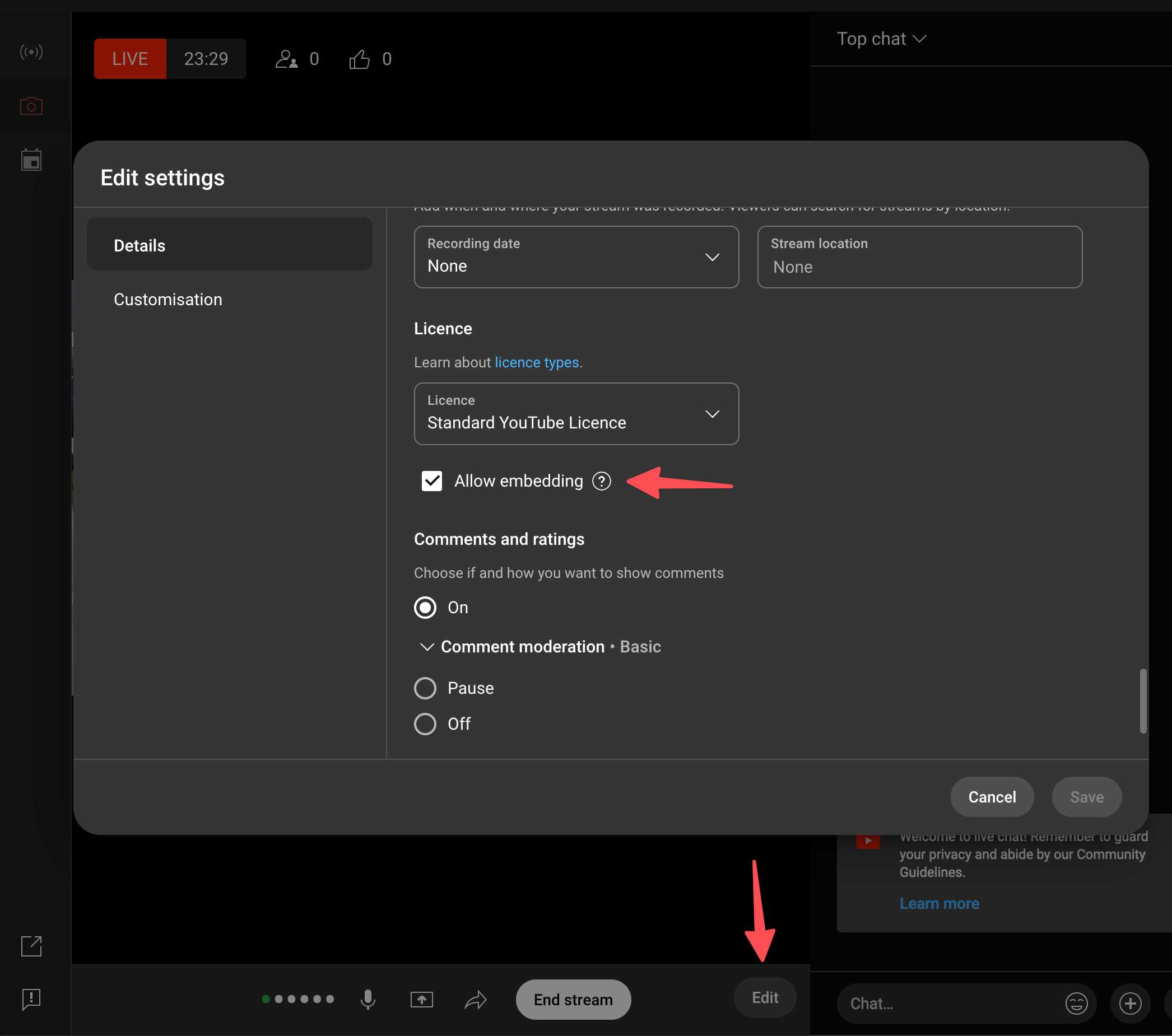 Edit settings panel - deep in the Details panel at the bottom is an Allow embedding checkbox