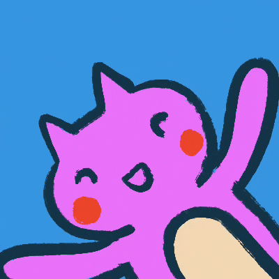 Crayon cartoon drawing of a purple cat/bear thing happily gesture-hugging and saying 'THANKYOU'