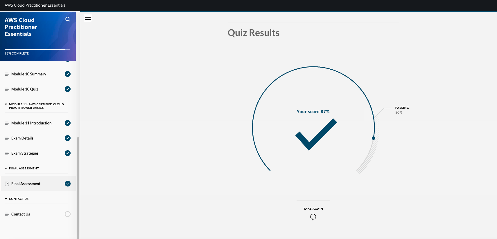 AWS Cloud Practitioner Essentials assessment results