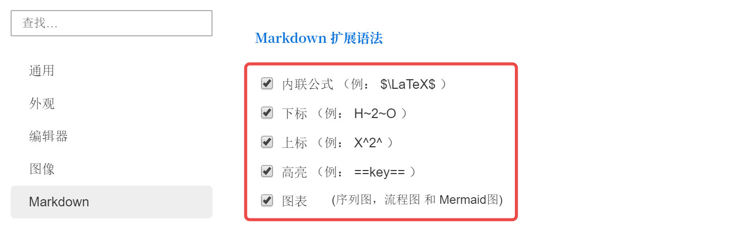 开启「Markdown 扩展语法」下的所有选项