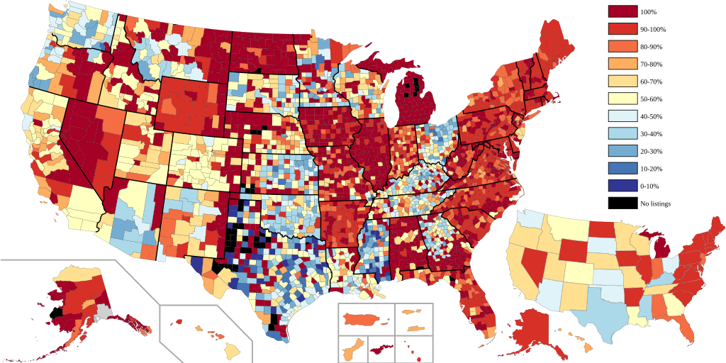 Map of the United States including county-level data for percentage of articles created by members of en:Wikipedia:WikiProject National Register of Historic Places.