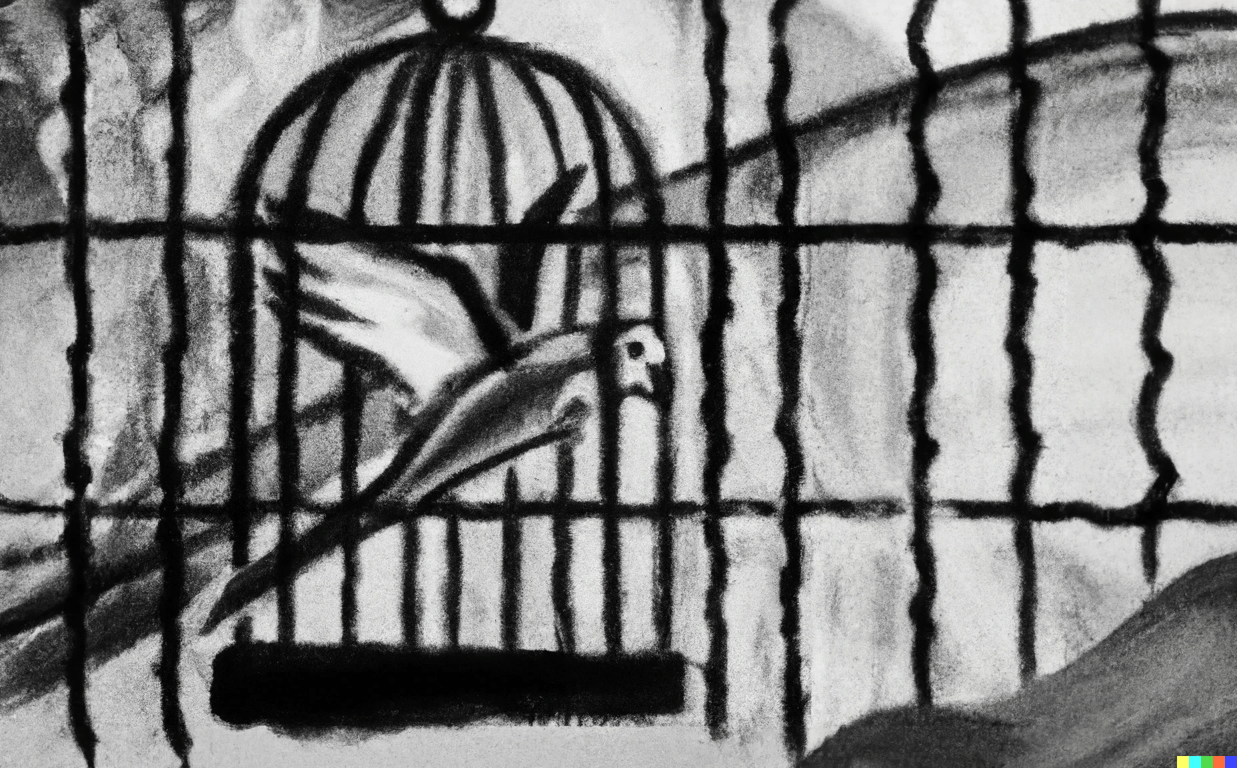 a prison bird flying out of prison through bars. impressionist oil painting, grayscale