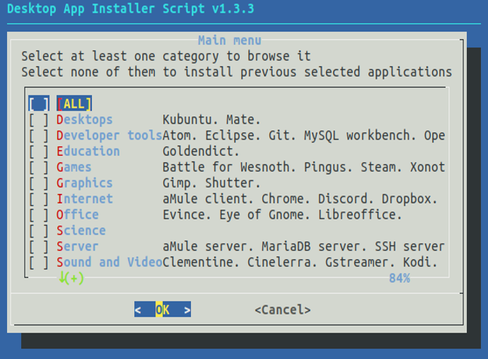 Main menu screenshot with selected applications on terminal mode