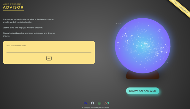 home page- title Your personal advisor on the left, underneath description, and yellow card with input to add answer to the pool, on the right side violet magic ball and the button to draw an answer