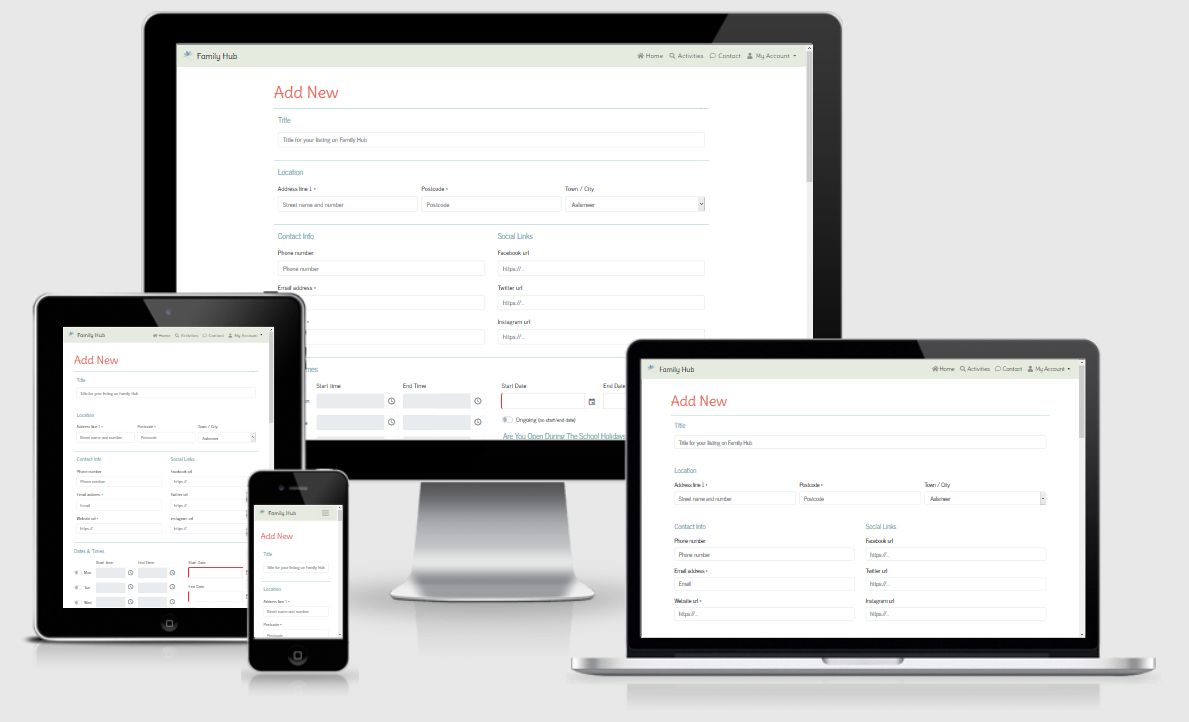 Family Hub add new listing page on all major screen sizes