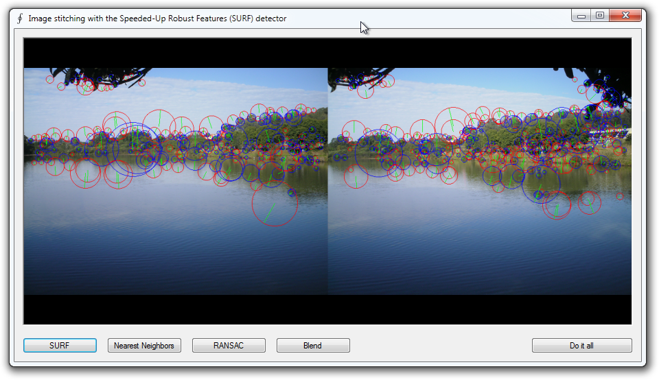 Image stitching using SURF features and k-nearest neighbor matching.