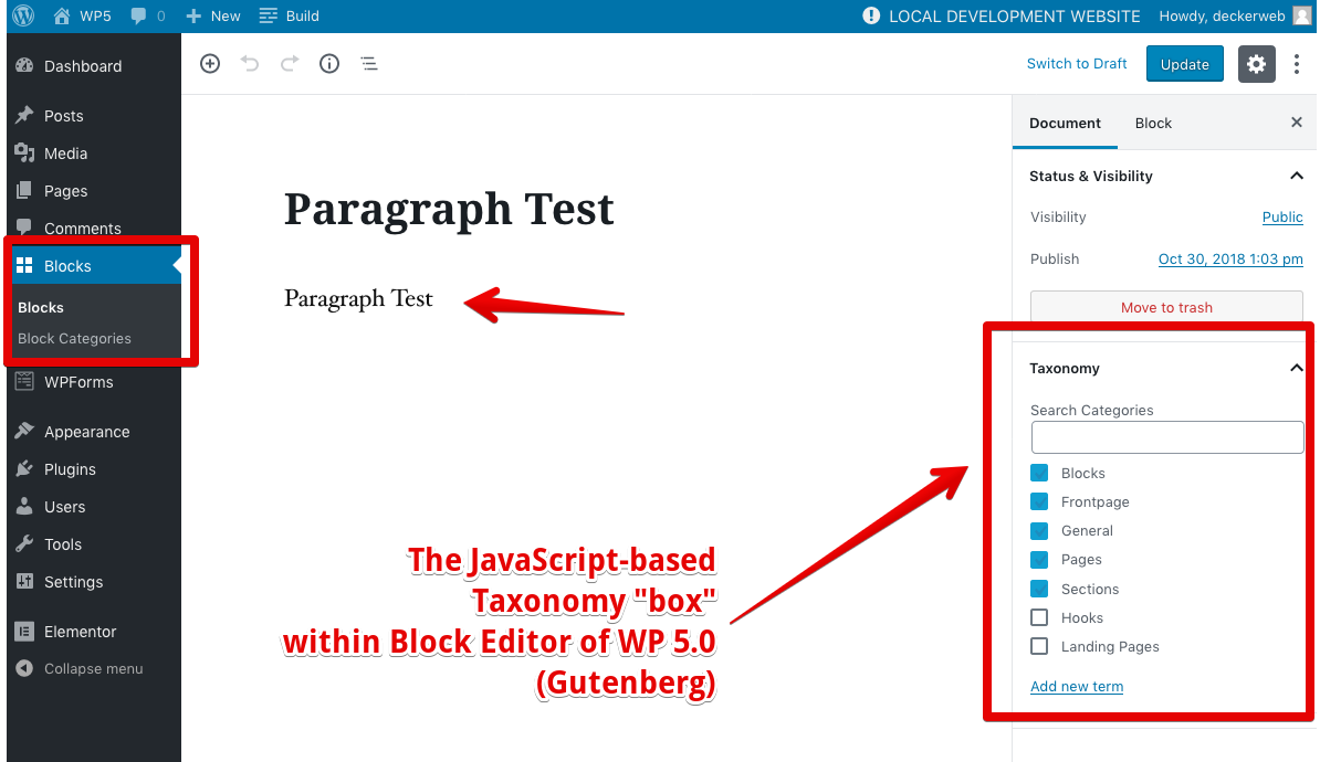 Editing a Reusable Block - adding the "Builder Template Categories" taxonomy via the new Block Editor JavaScript-based meta box