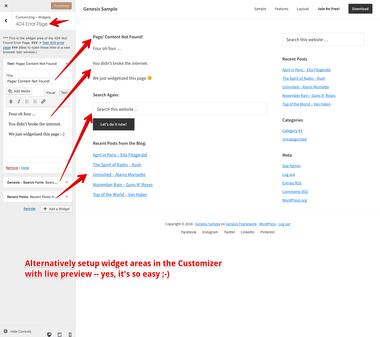 Widgets in Customizer with Live Preview: setup the 404 Error Page Widget area (Demo: Genesis Sample 2.6.0)