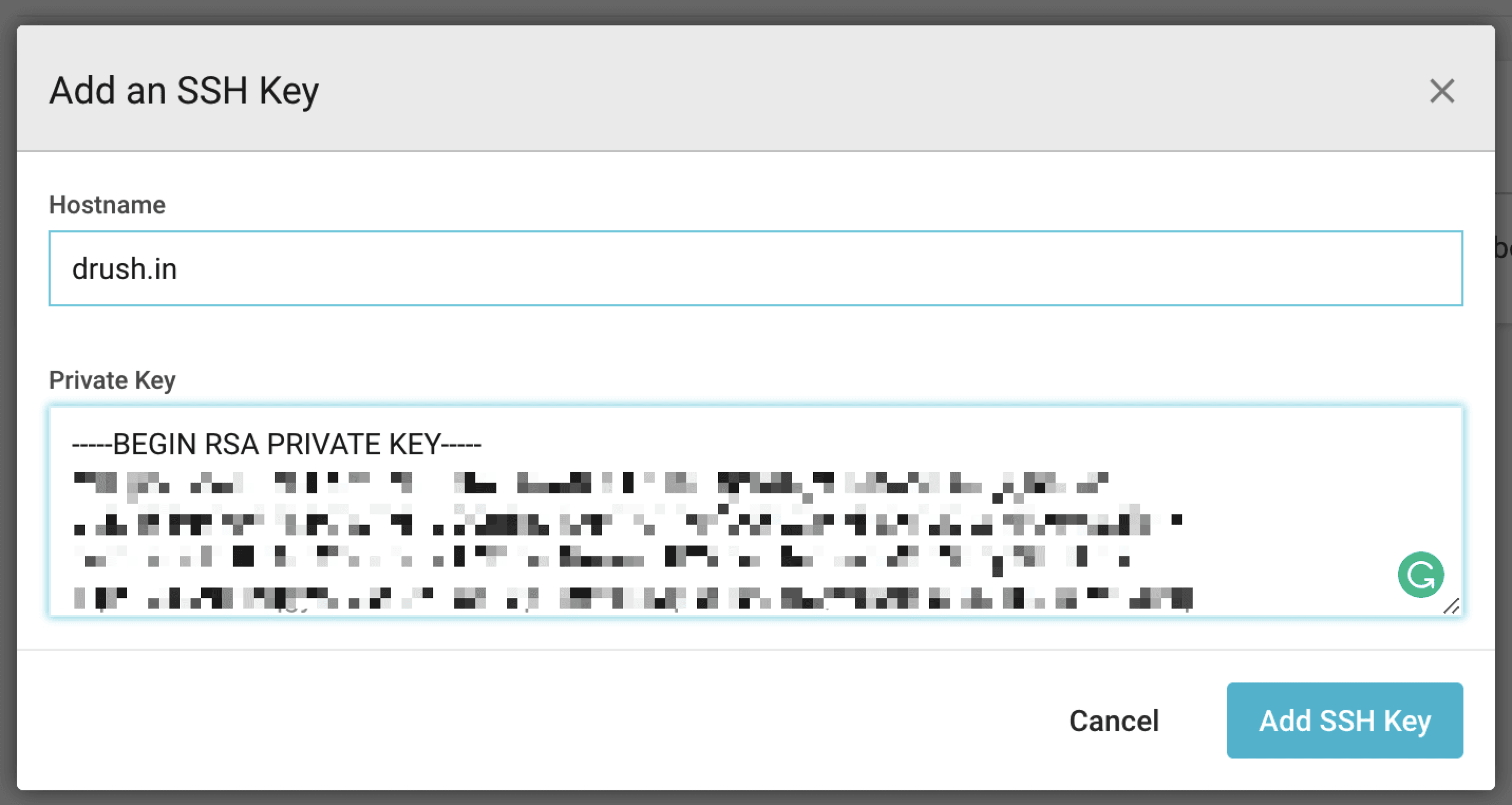 SSH key modal window