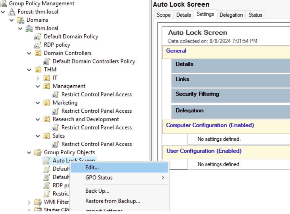  Editing the Auto Lock Screen GPO.