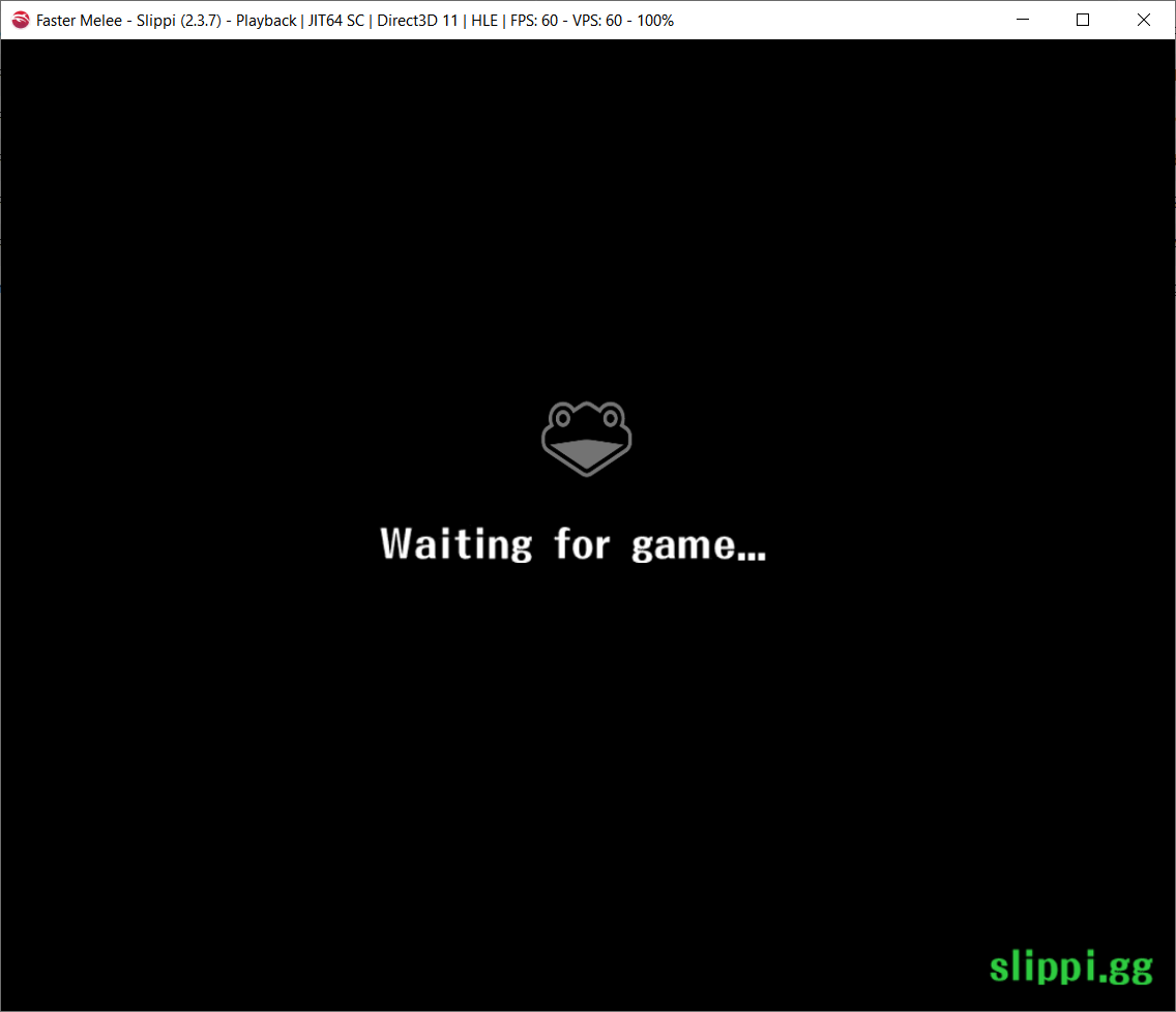 Waiting for game scene with dimmed slippi logo above the text in the center