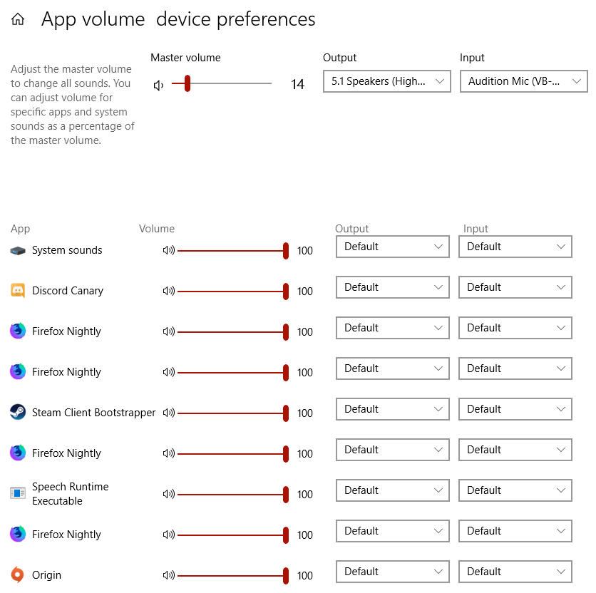 App volume and device preferences window