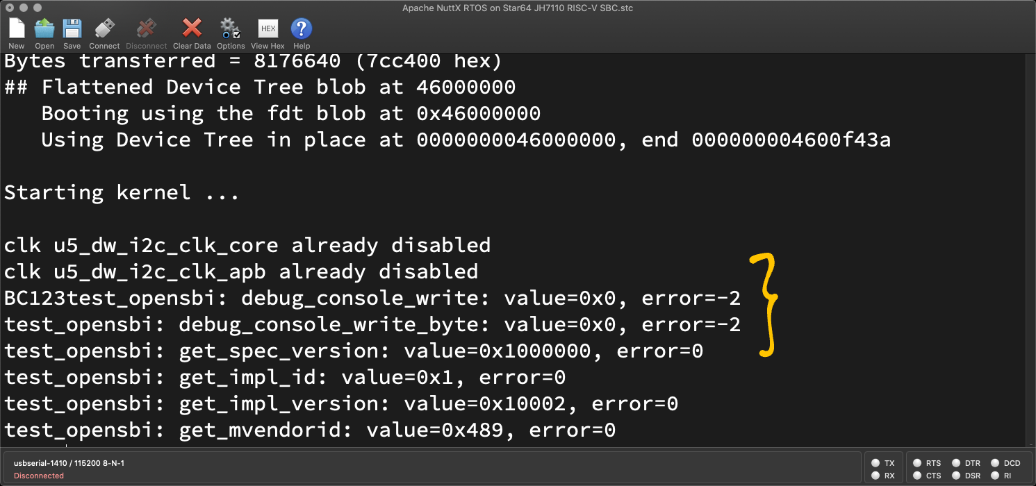 NuttX calls OpenSBI Debug Console on Star64 JH7110 RISC-V SBC