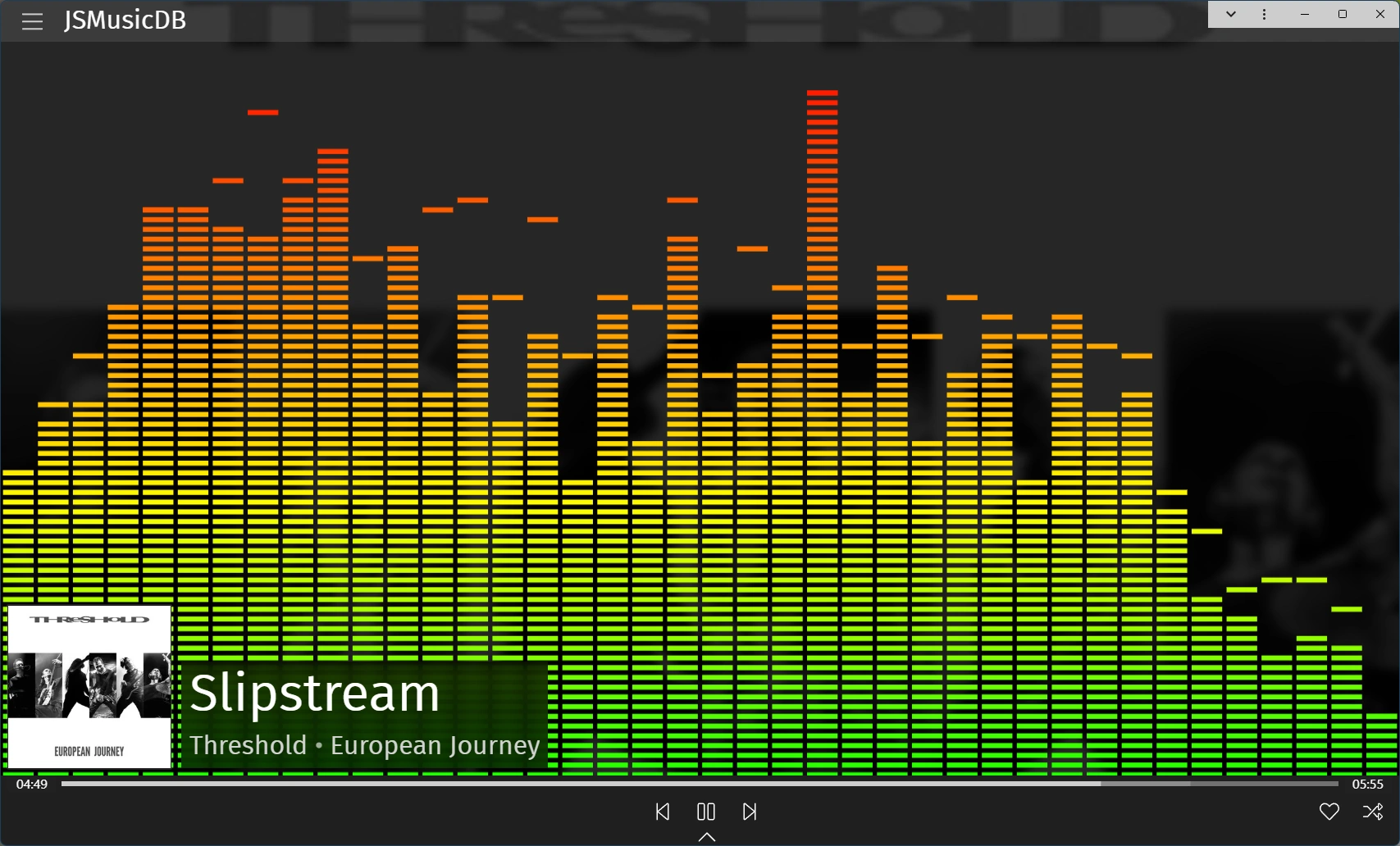 Screenshot of JSMusicDB showing the Now playing screen with classic LEDs