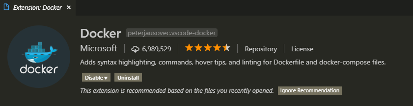 Docker extension for VSCode