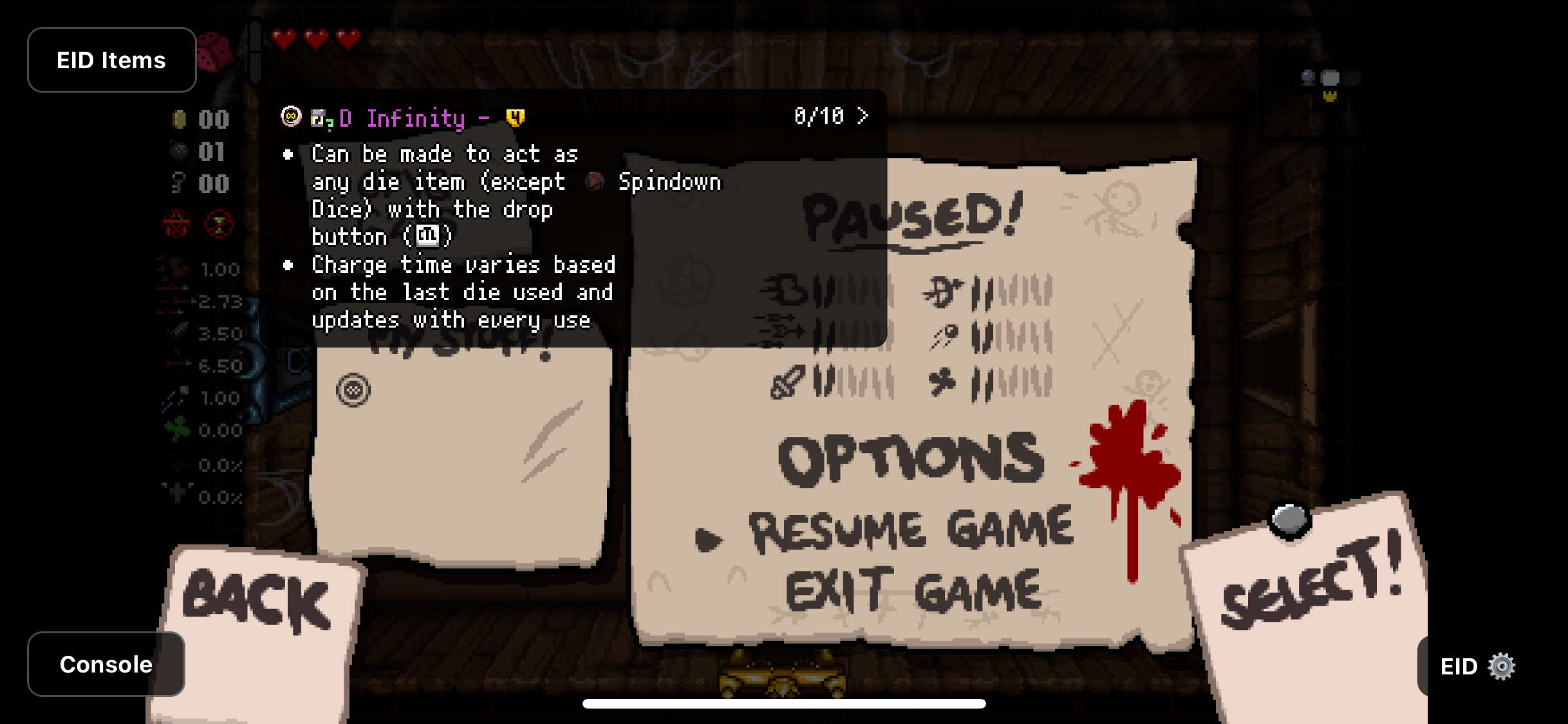D Infinity in the pause inventory has a readable backdrop and a tap-to-browse 0/10 counter. Browsing does not change the active die.