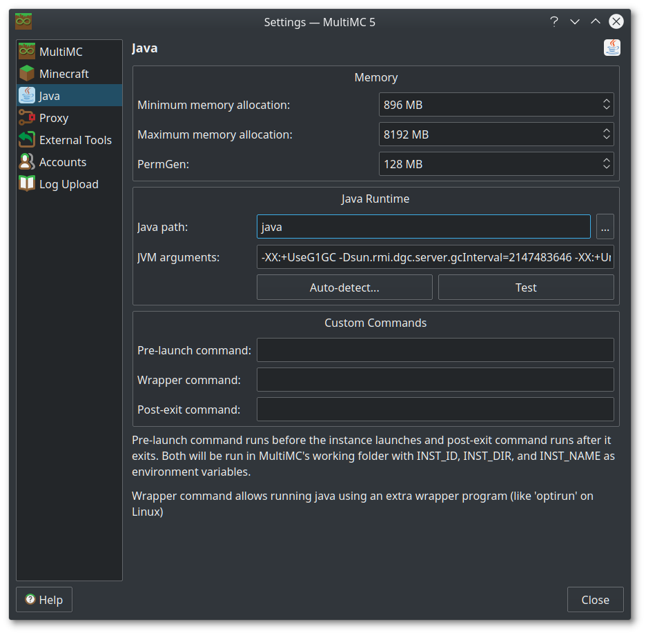Example memory settings