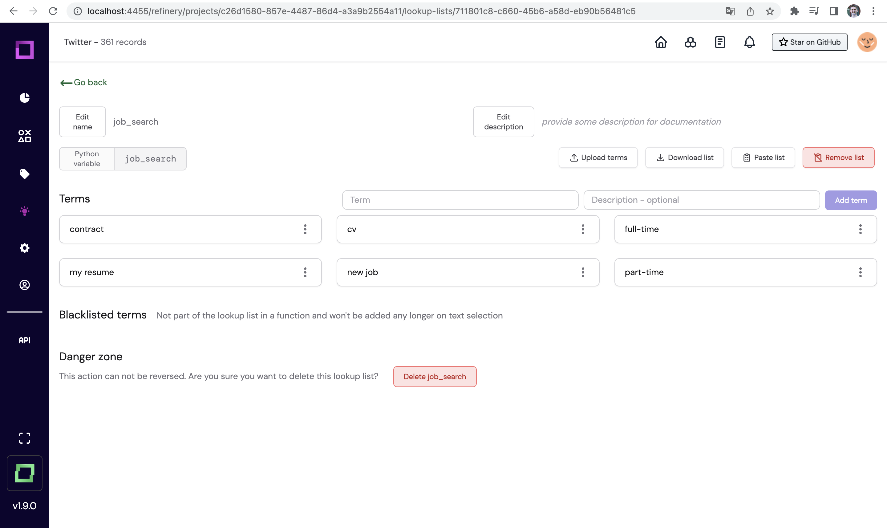 Lookup list job terms