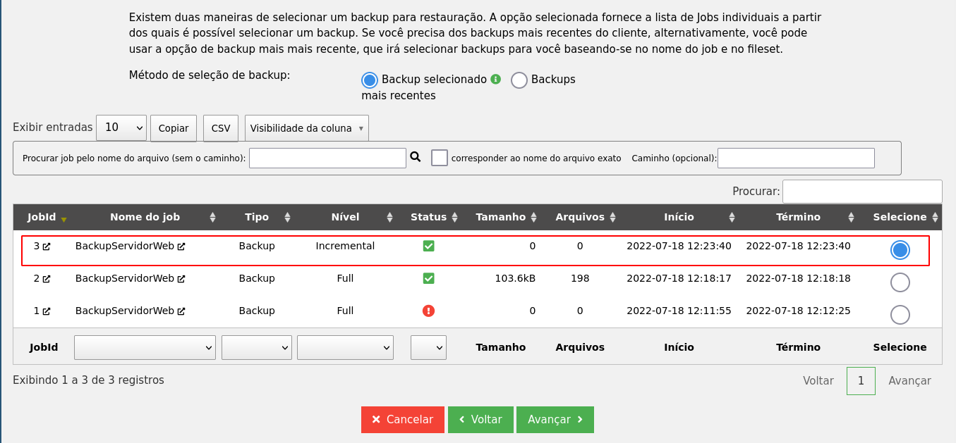 Seleção do job a ser restaurado