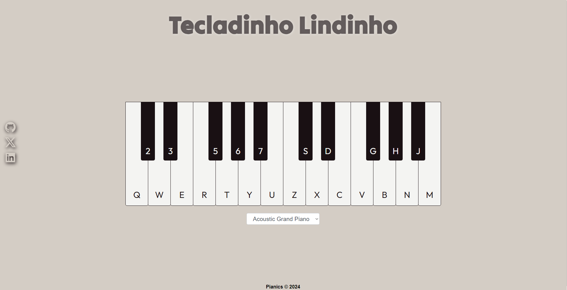 imagem do site, com um titulo chamado tecladinho lindinho, um piano virtual, redes sociais no canto esquerdo e um footer.