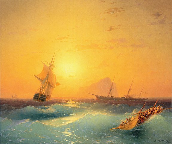 ALternative text: "American Shipping off the Rock of Gibraltar, Ivan Kostantinovich Aivazovsky (1873)"