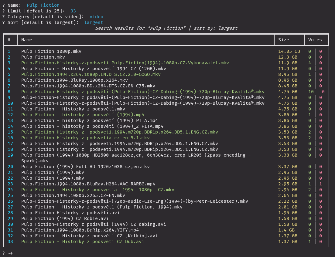 Result table for advanced search