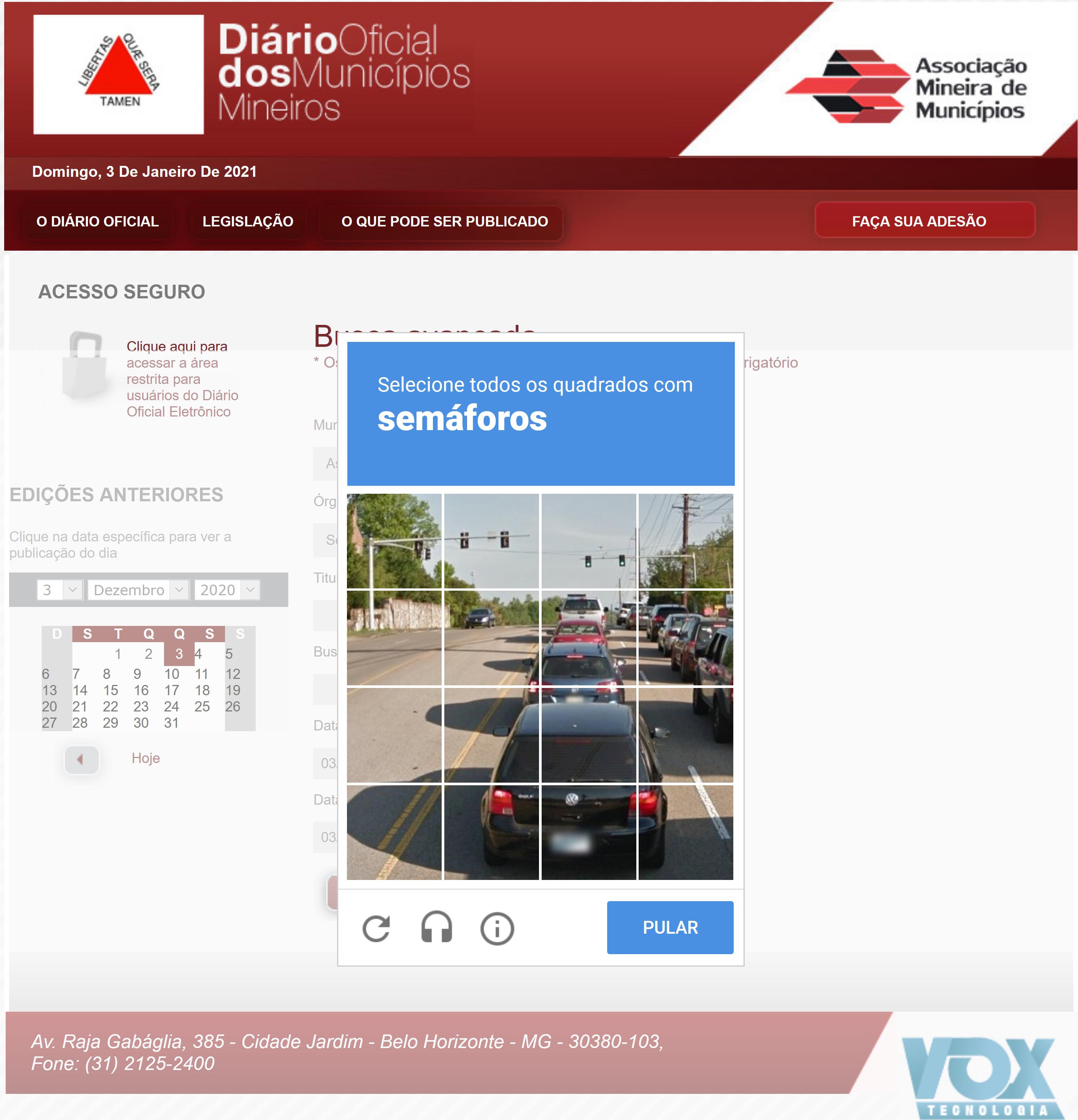 Exemplo de portal de publicações oficias com CAPTCHA