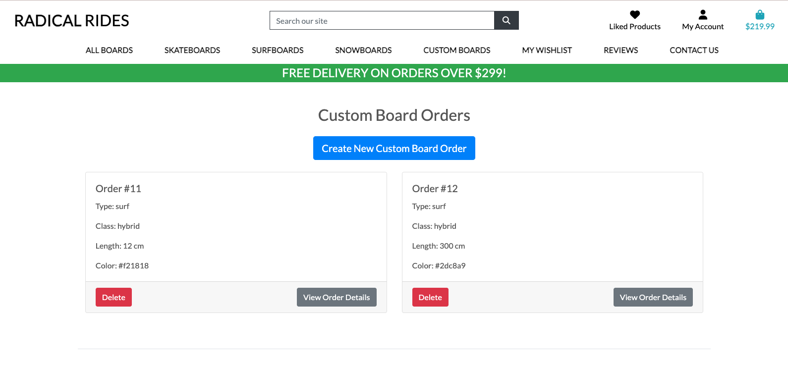 Radical Rides custom product orders page