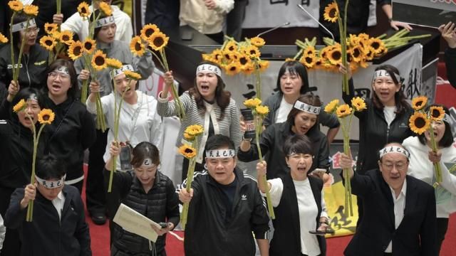 Taiwan's ruling Democratic Progressive Party (DPP) lawmakers hold sunflowers while during the vote for the parliament reform bill at the Parliament in Taipei on May 21, 2024. Hundreds of demonstrators gathered outside Taiwan's parliament on May 21 to protest against reform bills proposed by opposition parties, as lawmakers from the ruling party held a filibuster inside to prevent passage of the legislation. (Photo by Sam Yeh / AFP) (Photo by SAM YEH/AFP via Getty Images)