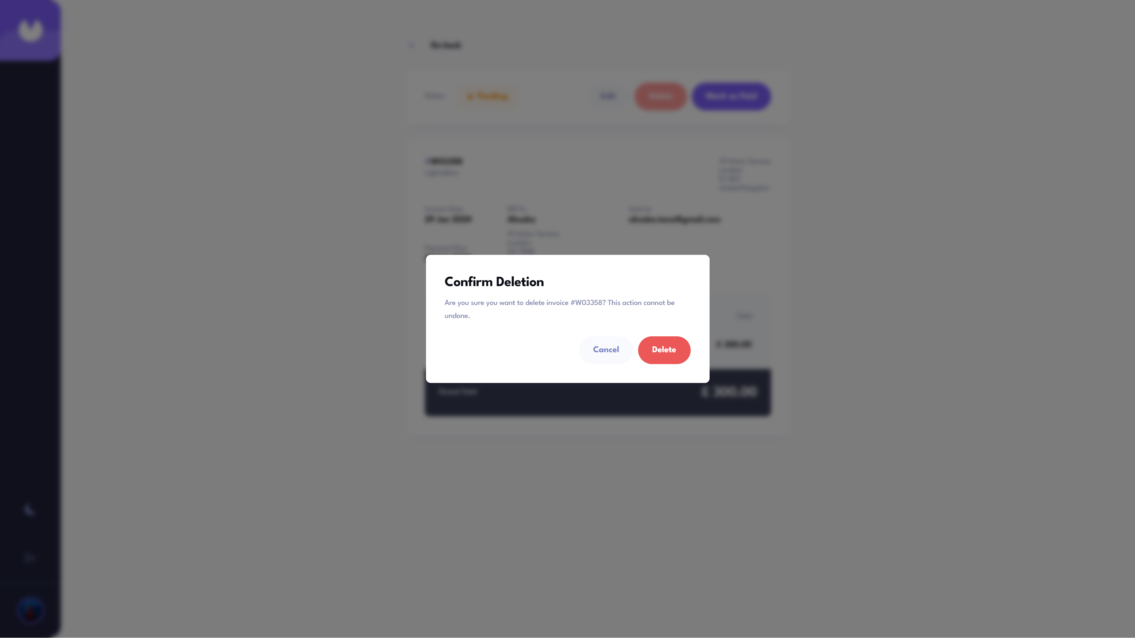 delete invoice modal light theme