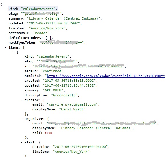 google calendar JSON