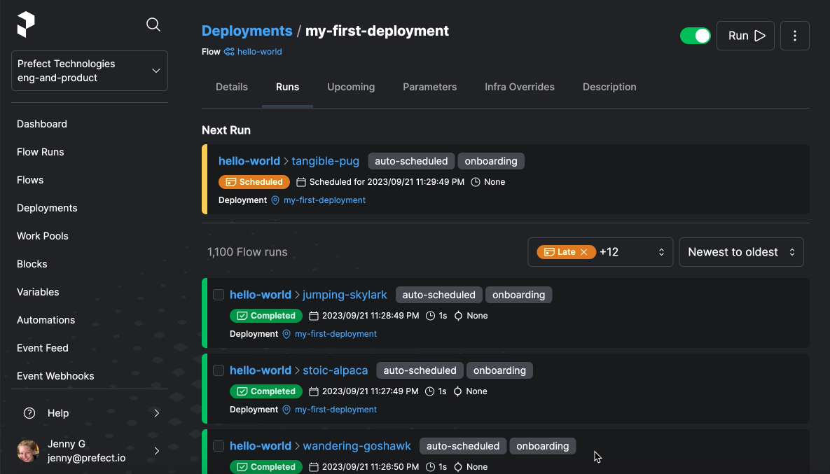 Demo of next run for a deployment