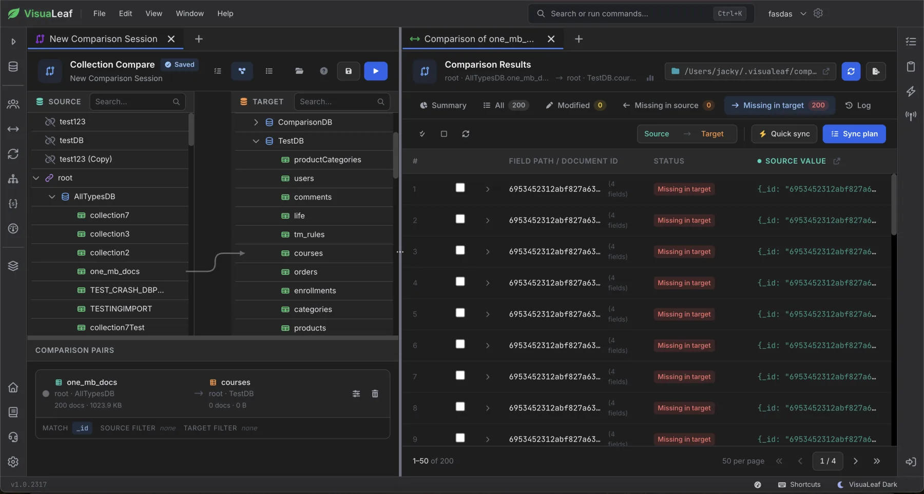 MongoDB collection compare — side-by-side diff of collections