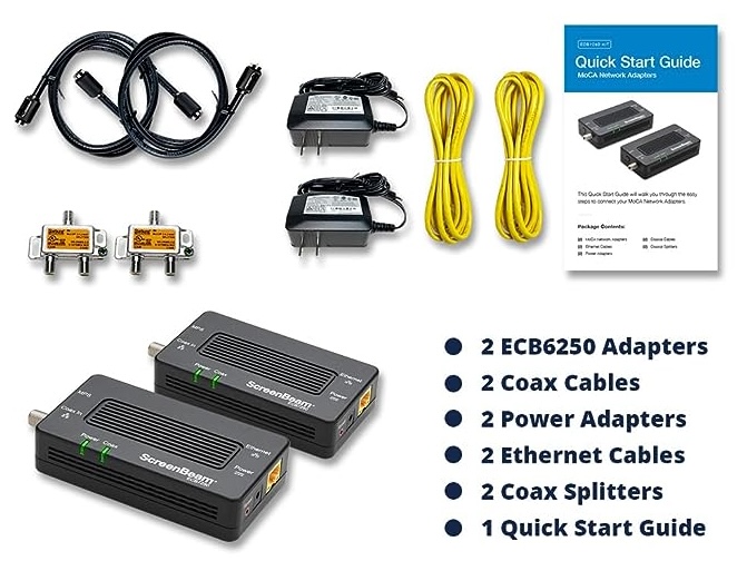 2 ECB6250 Adapters, 2 Coax Cables, 2 Power Adapters, 2 Ethernet Cables, 2 Coax Splitters, 1 Quick Start Guide