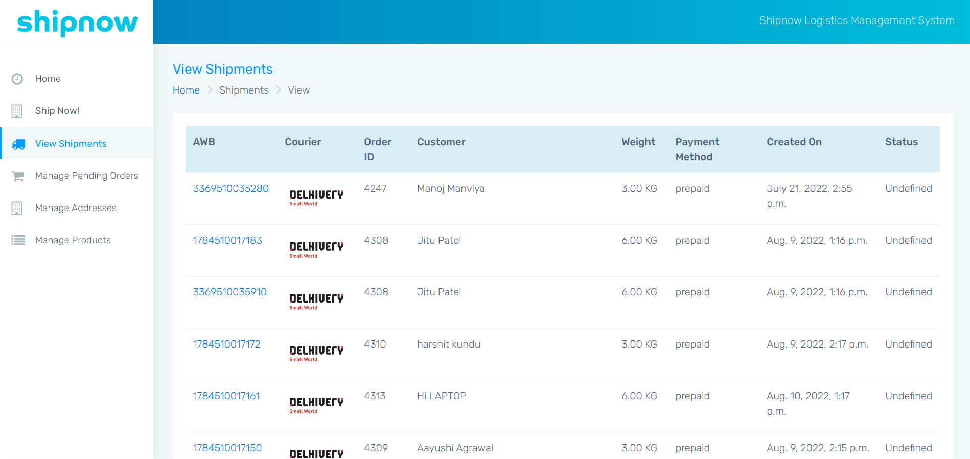 shipnow display shipments