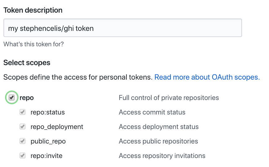 personal access token page with "repo" checked