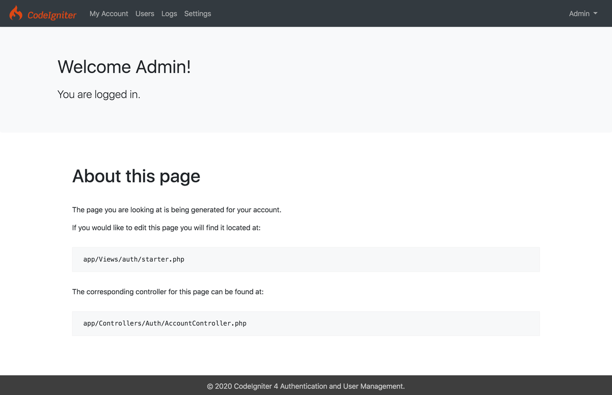 Codeigniter 4 Auth - Dashboard