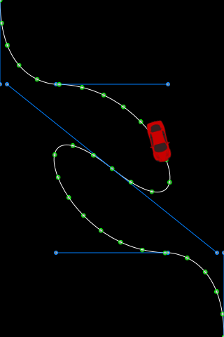 A car animating along 4 bezier curves in the Sparrow framework