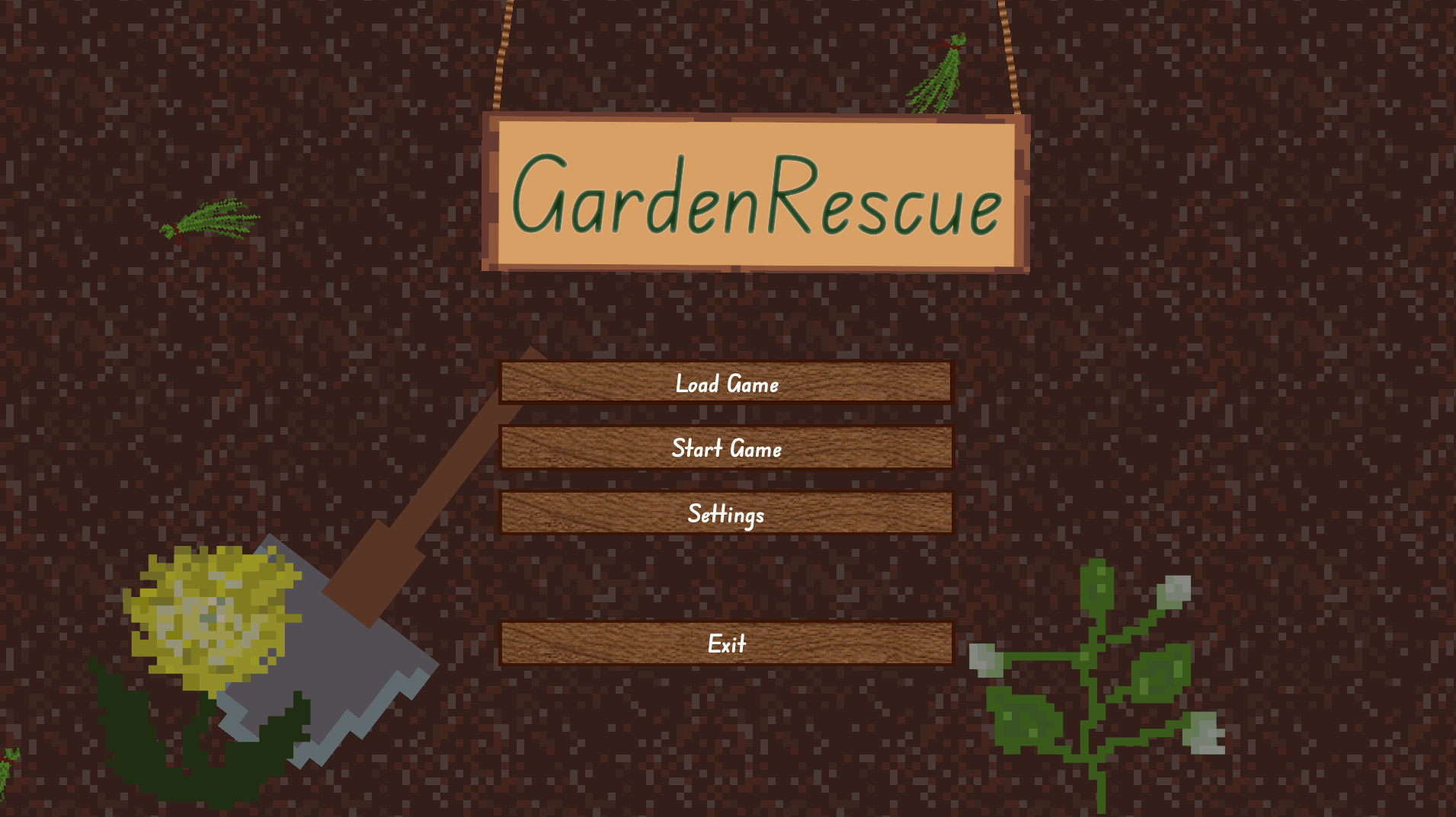 GIF of the main menu, game title Garden Rescue on a wooden board jumping around on 2 ropes. Grass flying down in the background. Load, start, settings and exit button with wooden texture.