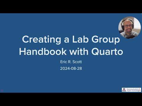 Title slide reading "Creating a Lab Group Handbook with Quarto / Eric R. Scott / 2024-08-28