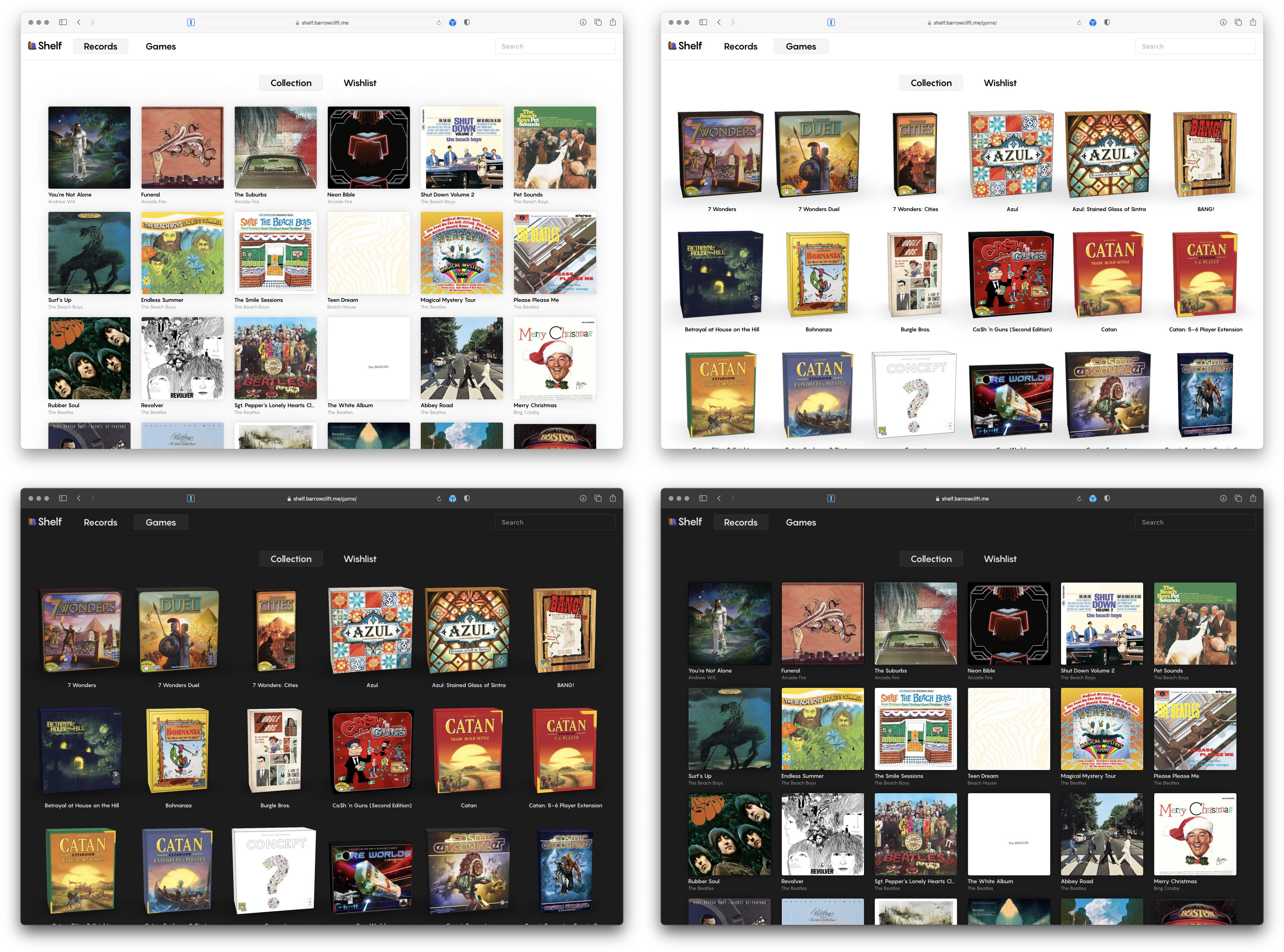 Promotional screenshots of Shelf, demonstrating both Light and Dark Mode