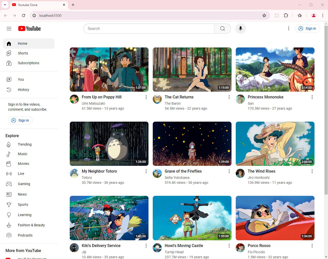 YouTube home page clone screenshot