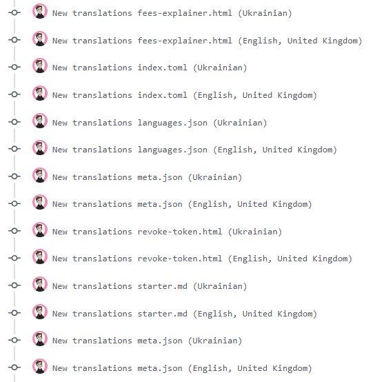 Screenshot of many commits with translation updates