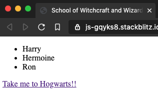 Screenshot of our simple website showing Harry, hermione, and ron in bullet points, followed by a purple hyperlink that says "Take me to Hogwarts!!"