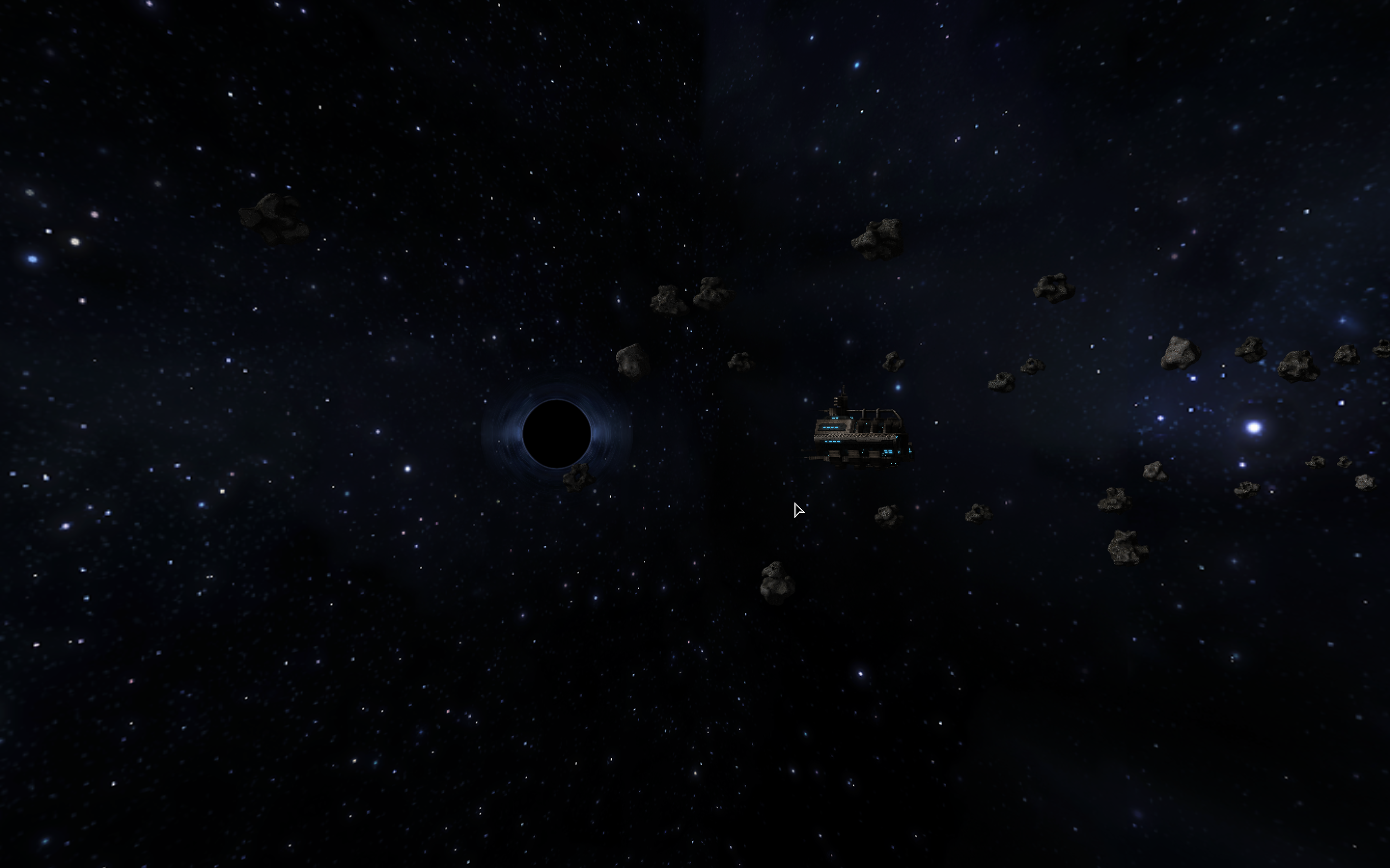 The Ship Window view, pointing toward a black hole, station, and asteroid field
